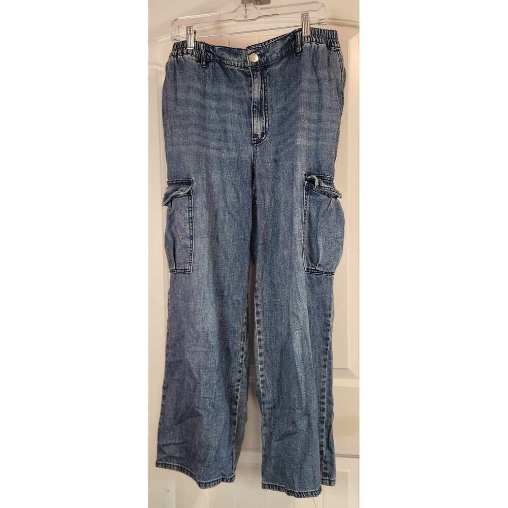 Ava & Viv Wide Leg Cargo Jeans Women's 16 Elastic Waist Lightweight 100% Cotton